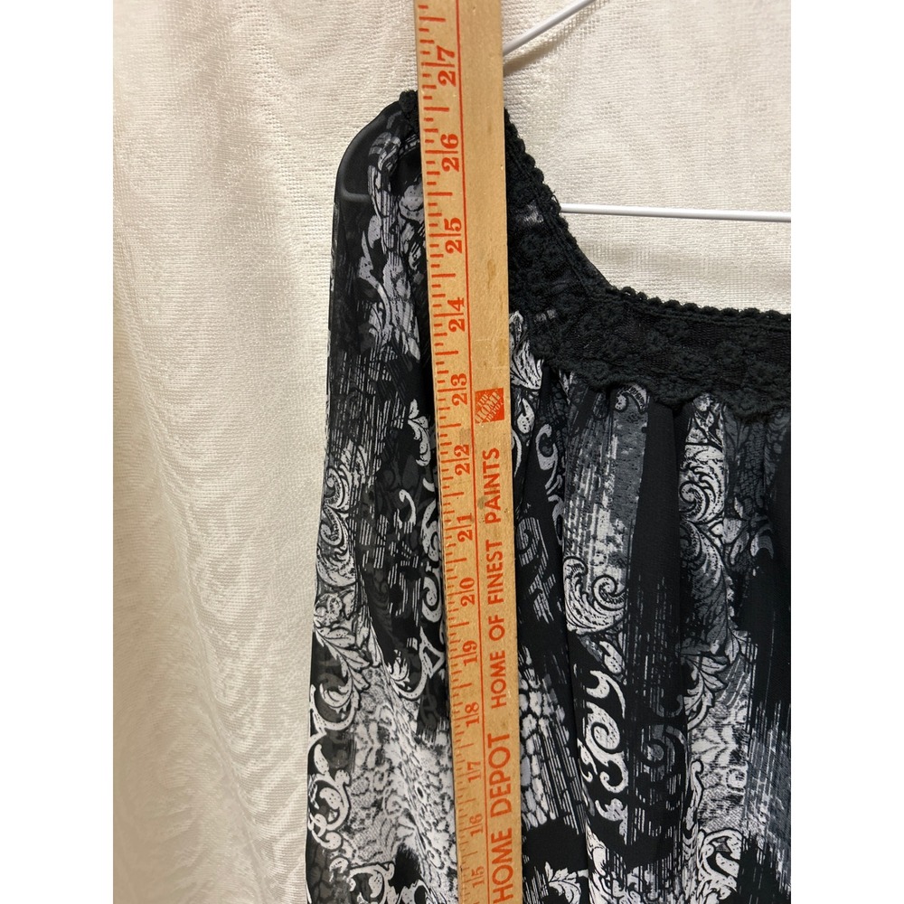 NY Collection Womens Black White Damask Chiffon Blouse Crochet Lace Trim Large - Picture 7 of 8